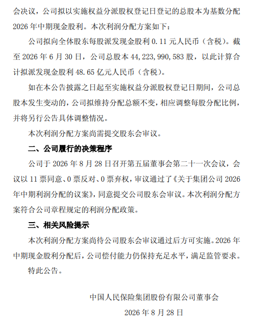 中国人保中期利润分配方案:拟每股派发现金股利0.11元